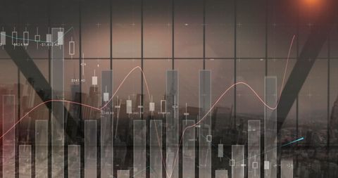Abstract digital data and cityscape overlay