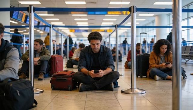 Solo traveler sitting cross-legged at airport gate using smartphone with red carry-on