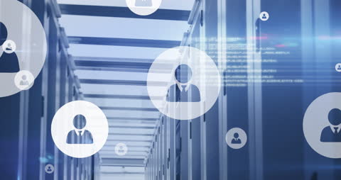 Digital Networking Icons Over Server Racks in Data Center