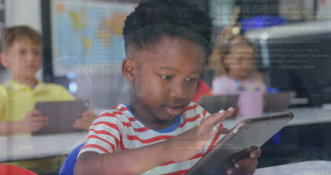 Diverse Students Engaging with Digital Tablets and Code Overlay