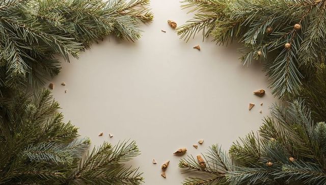 Evergreen branch frame creating minimalist negative space on neutral beige surface