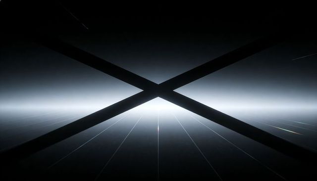 X-beam silhouette over futuristic grid horizon, minimal geometry and moody backlight