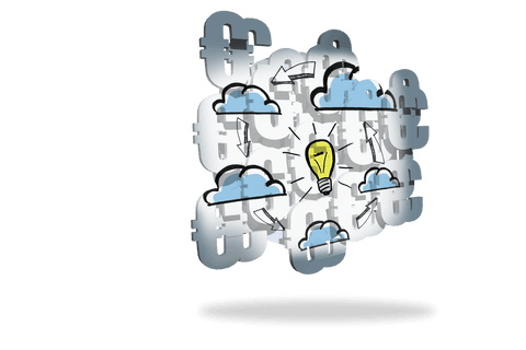 Collage featuring light bulb as central concept surrounded by cloud icons and question marks. Freestanding abstract display of idea generation symbolism. Great visual for presentations, digital media projects, innovation campaigns or technology-based content to convey cloud computing and brainstorming.