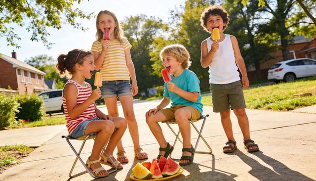 Kids sharing popsicles on suburban sidewalk eating watermelon on sunny summer afternoon