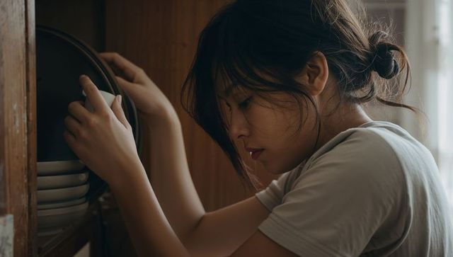 Young woman reaching for plates in sunlit wooden cabinet, serene morning home routine