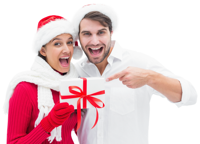 Joyful Couple Holding Gift, Wearing Santa Hats on Transparent Background - Download Free Stock Videos Pikwizard.com