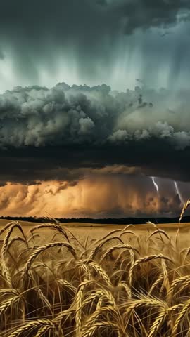 Gathering Supercell Storm Rolling Over Golden Wheat Field With Lightning Strikes