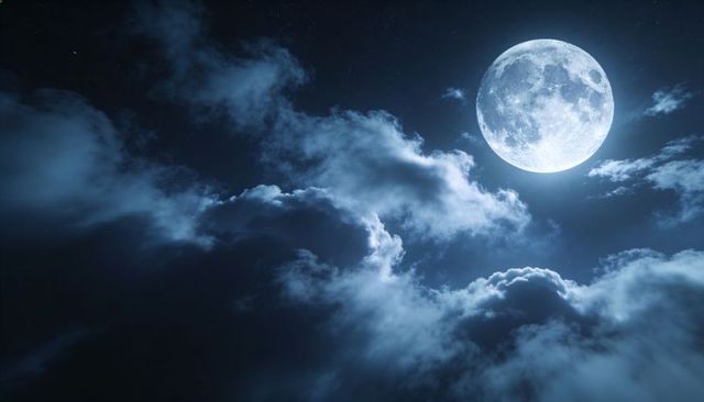 Glowing Full Moon Illuminating Dramatic Cloudscape and Starry Night Sky with Copy Space