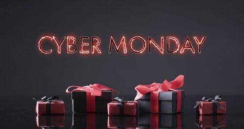 Cyber Monday Presents with Neon Lights on Sleek Background
