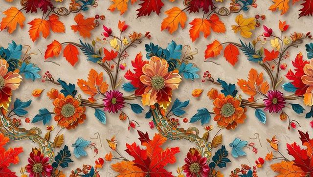 Seamless autumn floral pattern with gold vines