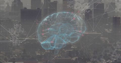Holographic Brain Wireframe Network Floating Over Urban Skyline with Neural Nodes