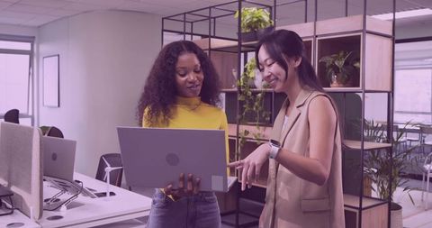Colleagues Collaborating on Laptop in Modern Office with Plants