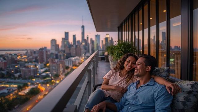 Romantic Couple Relaxing on City Balcony at Sunset