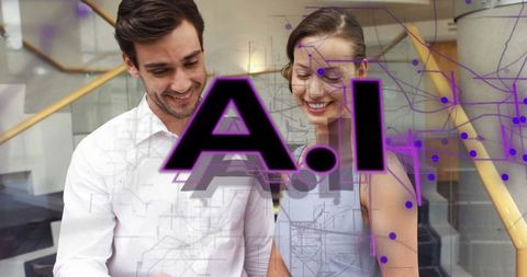 Business Professionals Collaborating in Futuristic AI Concept