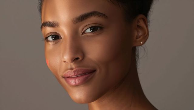 Confident young woman turning head closeup with pearl stud and natural makeup