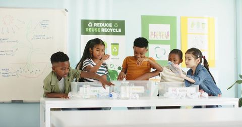 Elementary students sorting recyclables in classroom for environmental education