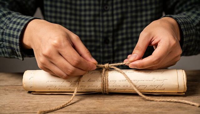 Hands tying twine around antique parchment scroll on rustic wooden table