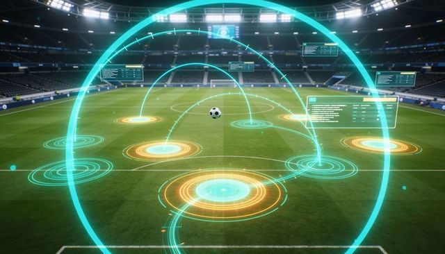 Futuristic ar soccer field with holographic trajectory overlays and stadium analytics hud