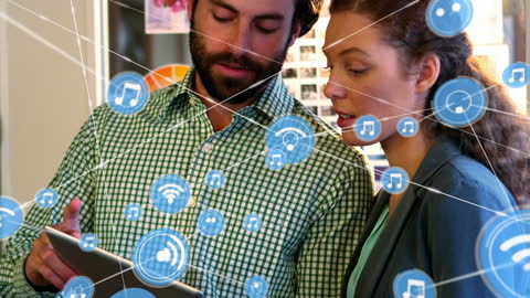 Colleagues Collaborating with Digital Networking Icons