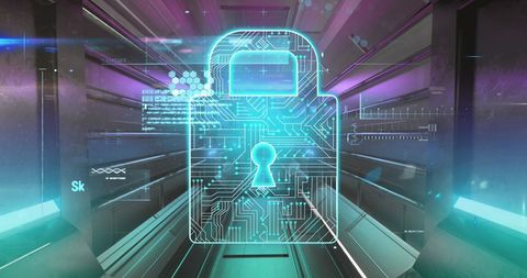 Digital lock icon in corridor symbolizing advanced cybersecurity technology