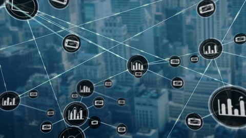 Digital Network Icons Overlaying Urban Cityscape