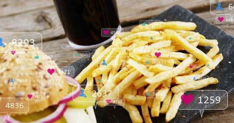 Crispy spiced french fries with burger and social reaction overlays for food marketing