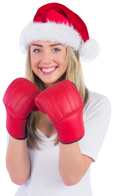 Cheerful Woman in Santa Hat with Boxing Gloves Transparent Background - Download Free Stock Videos Pikwizard.com