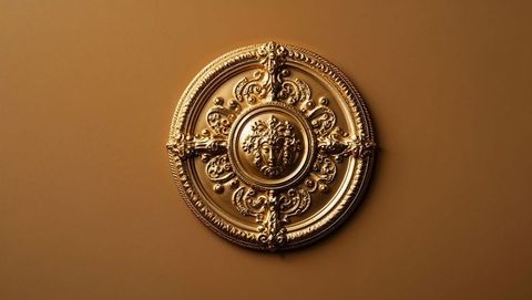 Ornate golden medallion on brown background with baroque design