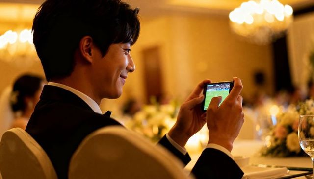 Smiling man in tuxedo streaming soccer on smartphone at formal banquet