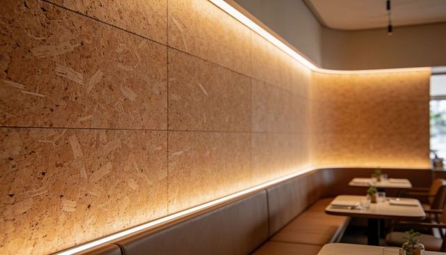 Cozy cafe interior featuring cork wall, led accent lighting and banquette seating