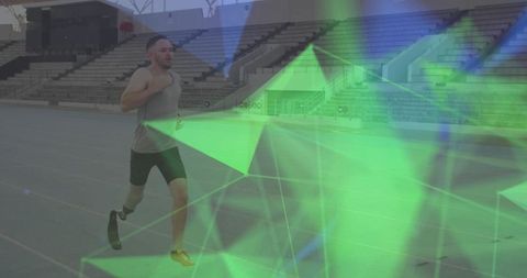 Athlete with blade prosthetic training at stadium with geometric overlay