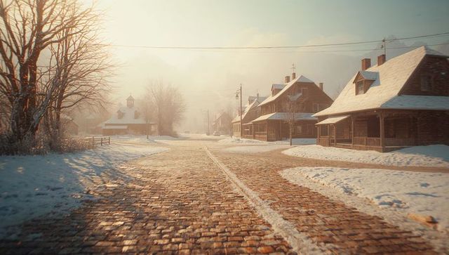 Winter Dawn on Cobblestone Street, Quaint Wooden Village Serenity