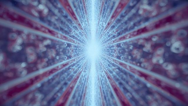 Radiating fractal light tunnel with cyan and magenta filaments and bokeh crystalline glow
