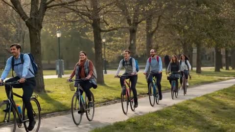 Students commuting by bike along tree-lined campus path during golden autumn afternoon