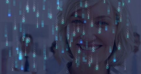 Smiling businesswoman emerging through falling binary code in digital corporate workspace