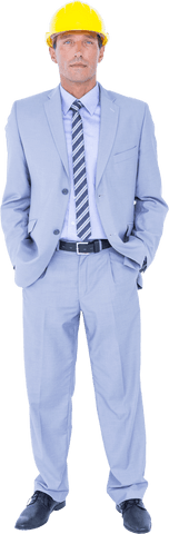 Confident architect in suit wearing yellow hardhat on transparent background