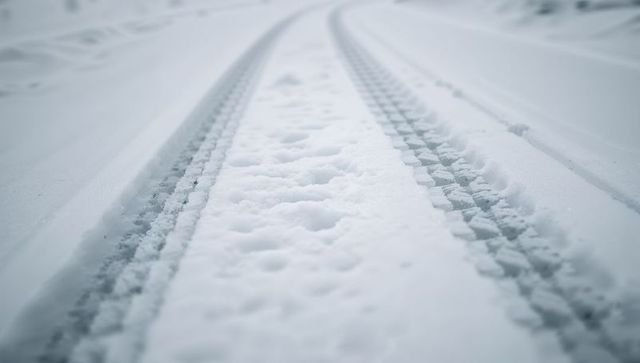 Vehicle tire tracks cutting through fresh snow, closeup tread texture and grooves