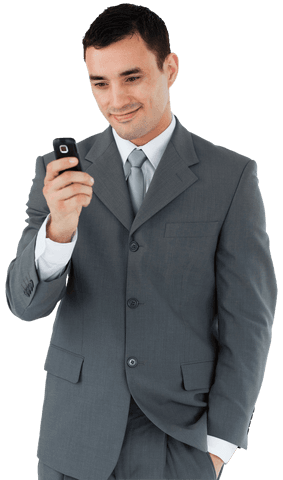 Smiling Businessman Checking Cellphone on Transparent Background