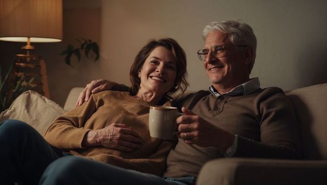 Mature couple relaxing on sofa in warm lamplight holding coffee mug, cozy home romance