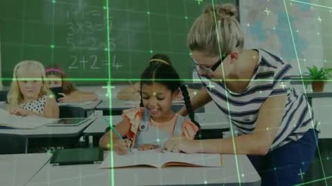 Teacher Helping Young Student with Writing in Classroom