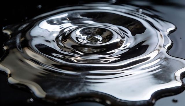 Metallic water ripple macro concentric droplet crown creating glossy mirror liquid rings