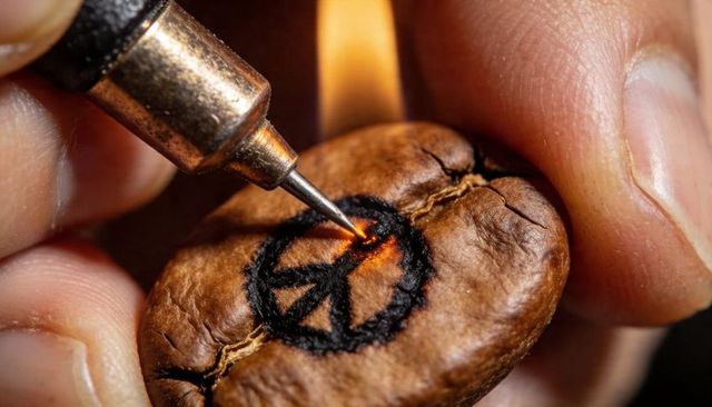 Macro closeup hot tip burning peace symbol onto roasted coffee bean artisan branding