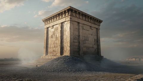 Solitary ancient mausoleum standing on arid plain with weathered stone and rubble mound