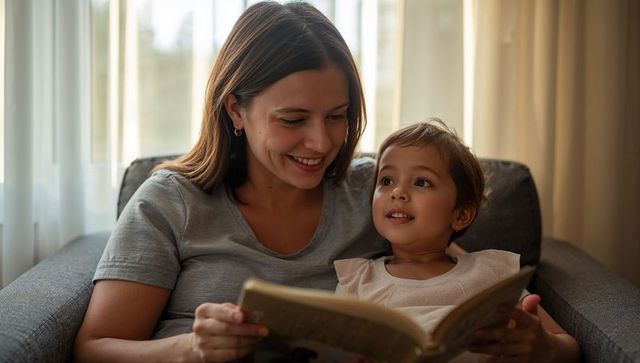 Smiling mother reading bedtime story with young daughter on sunlit sofa