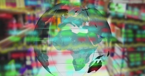 Digital globe overlay on supermarket aisle symbolizing global commerce