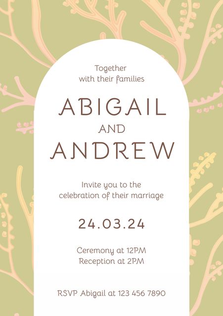 Elegant botanical wedding invitation suitable for garden-themed celebrations. Features floral designs framing names of couple, date, and details. Perfect for outdoor or nature-inspired weddings. Printable and easy to customize for itinerary and contact information. Ideal for event planning, stationery, and wedding announcements.