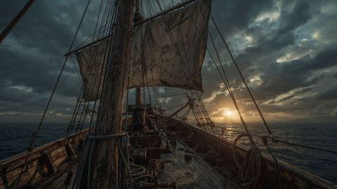Vintage wooden sailing pirate ship at sea during dramatic sunset