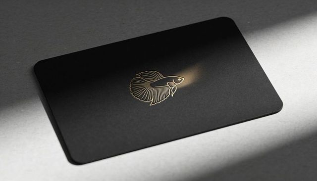 Gold foil betta fish logo on black minimalist card mockup with spotlit luxury branding