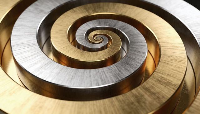 Concentric gold and silver brushed metal spiral rings reflecting light and texture closeup