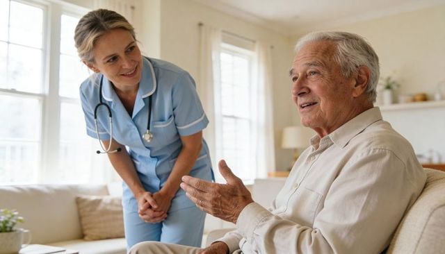 Smiling nurse caring and conversing with elderly man in sunlit living room, home comfort